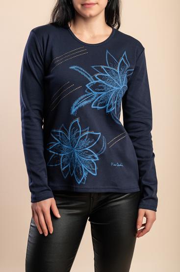 Top in cotone con stampa, blu scuro