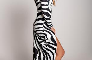 Elegante maxi abito con stampa zebrata Cadiza, bianco e nero