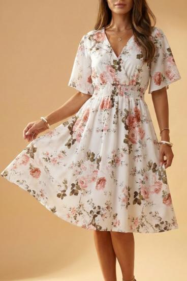 Abito midi con stampa floreale, bianco