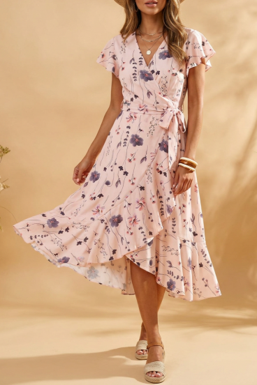 Abito Midi con Stampa Floreale, Rosa Chiaro