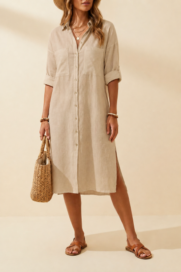 Abito Camicia Maxi Lino Largo, Beige