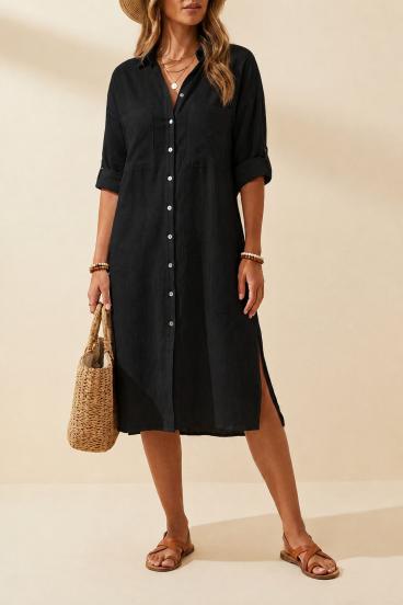 Abito camicia maxi in lino morbido, nero