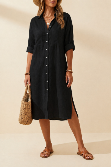 Abito camicia maxi in lino morbido, nero