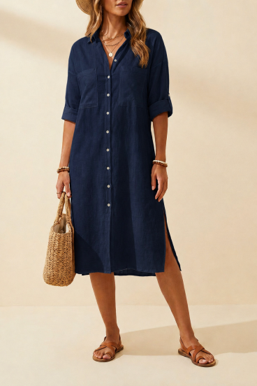 Abito Camicia Lunga in Lino Sciolto, Blu Scuro