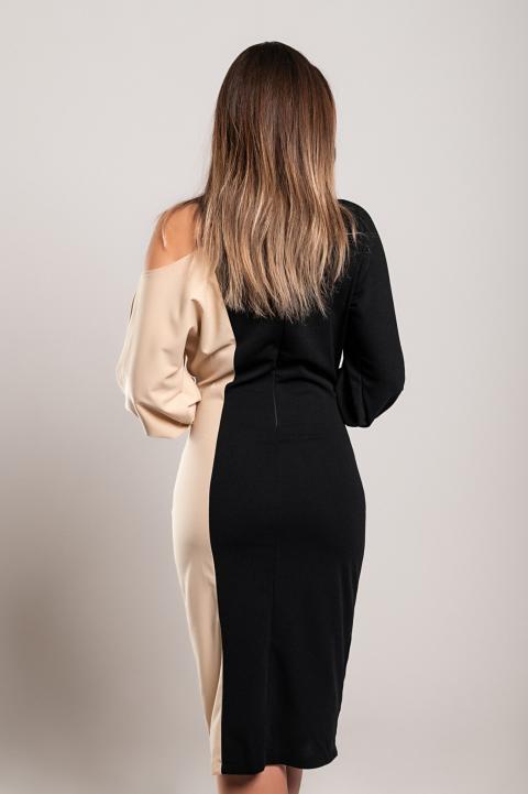 Elegante abito midi con stampa geometrica, nero e beige