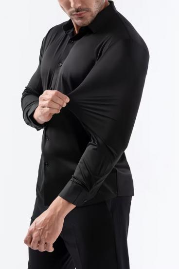 Camicia da uomo altamente elastica senza cuciture in tessuto resistente alle pieghe, nera