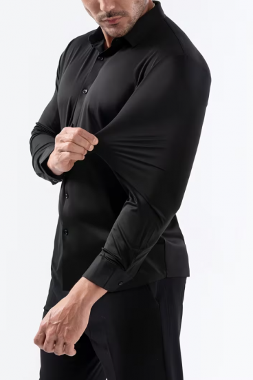 Camicia da uomo altamente elastica senza cuciture in tessuto resistente alle pieghe, nera