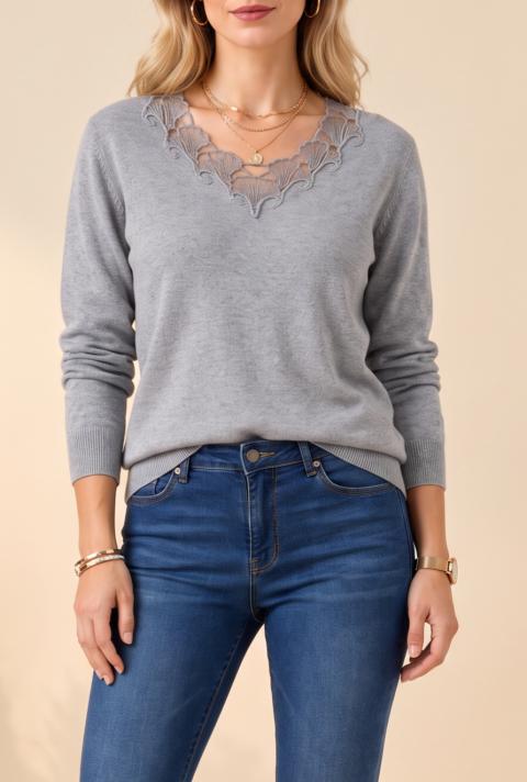 Maglione con ricamo, grigio