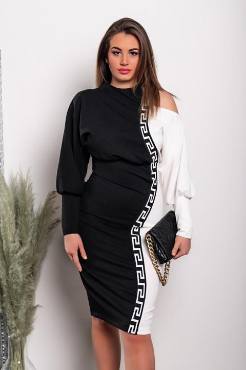 Elegante abito midi con stampa geometrica, bianco e nero