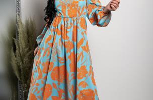 Elegante maxi abito con stampa Montella, arancio