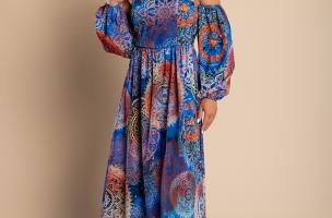 Elegante maxi abito con stampa Montella, blu
