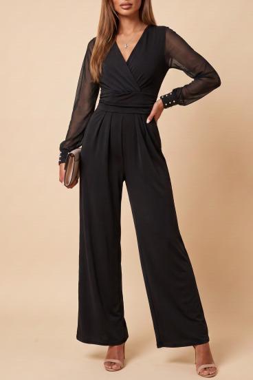 JUMPSUIT ELEGANTE CON SCOLLO A "V" E MANICHE TRASPARENTI CON RIVETTI GEORGINA, NERO